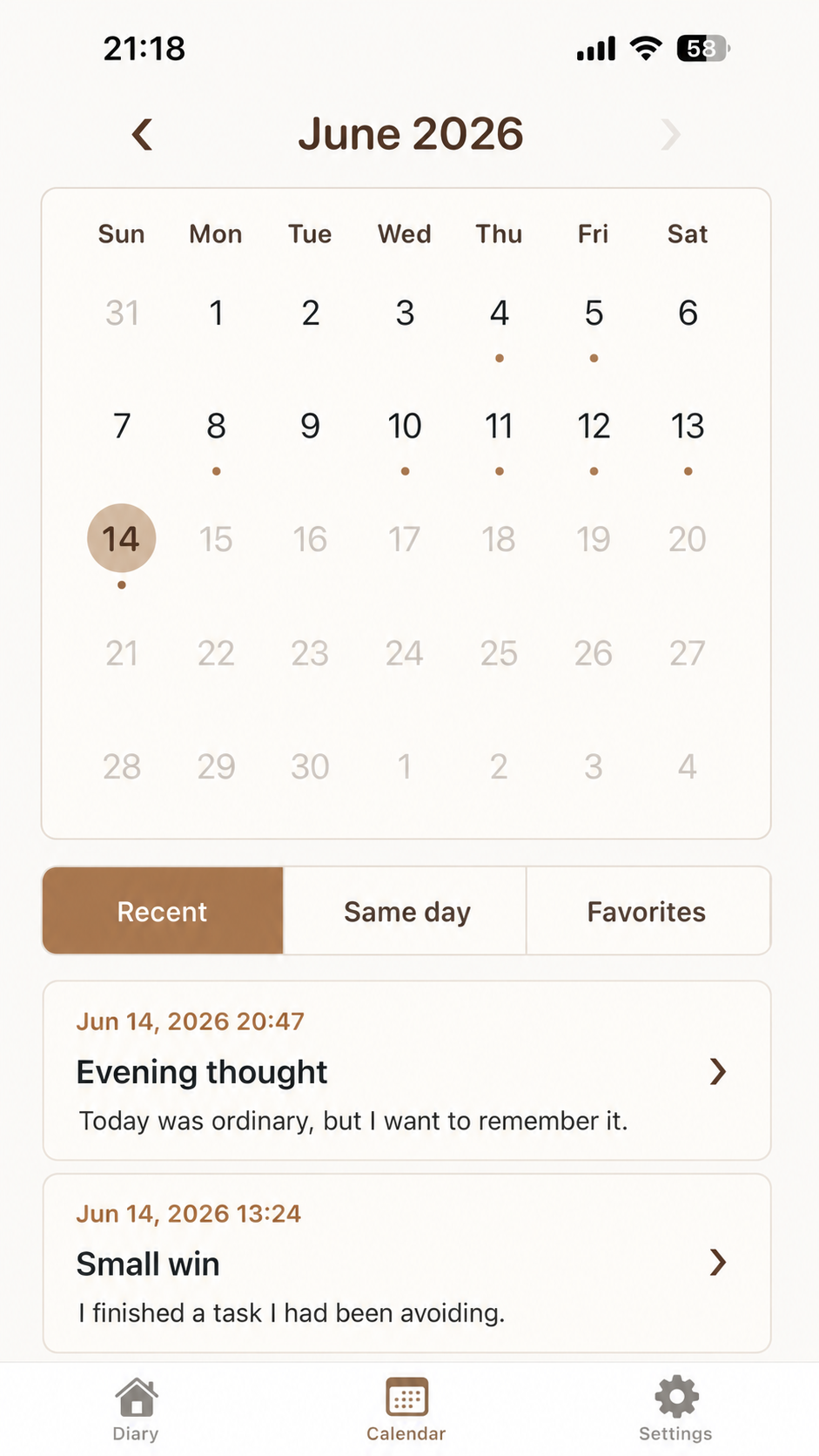 Replay Diary calendar screen showing entries by date