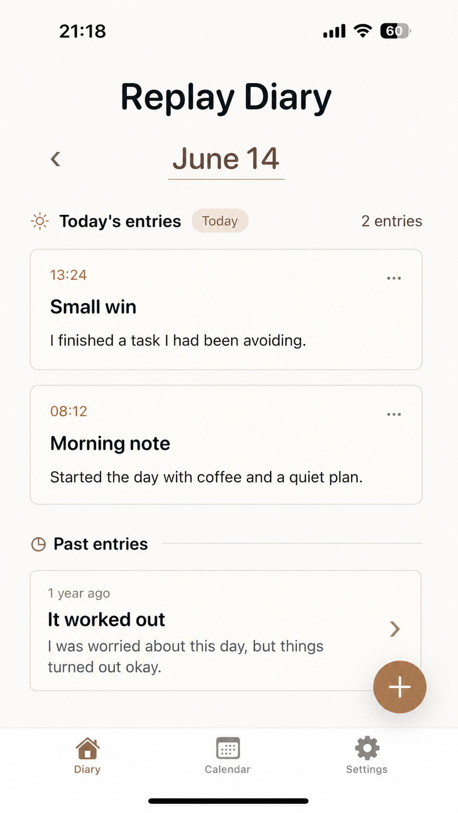 Replay Diary home screen showing today's entries and a past entry