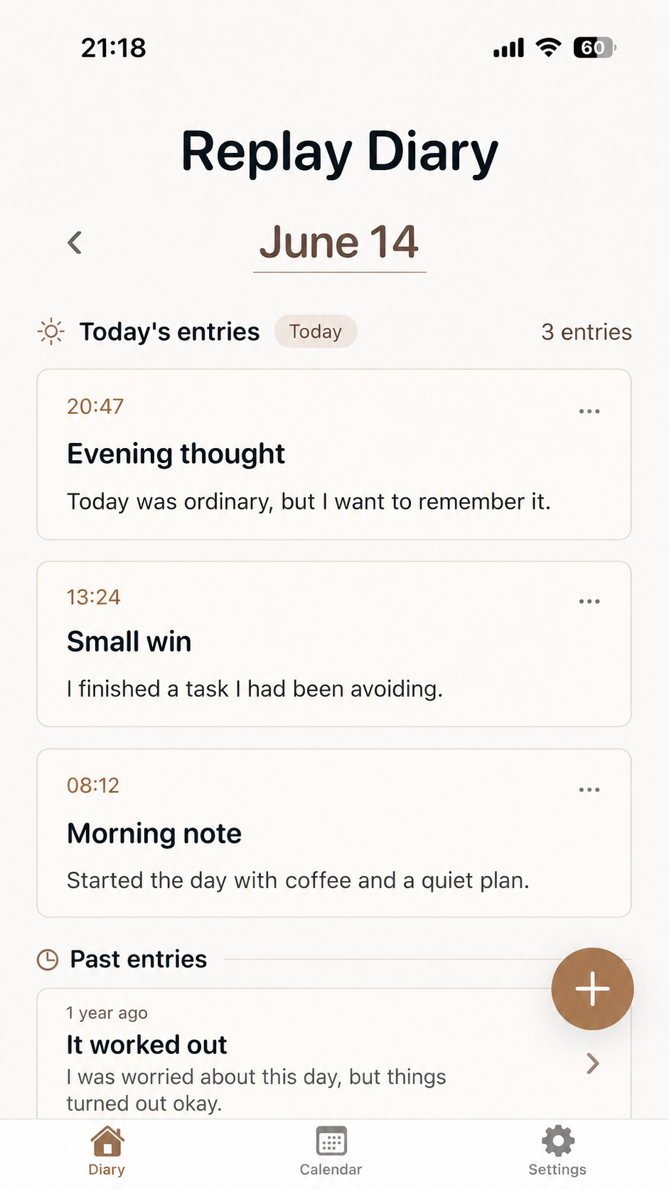 Replay Diary screen showing multiple entries in one day