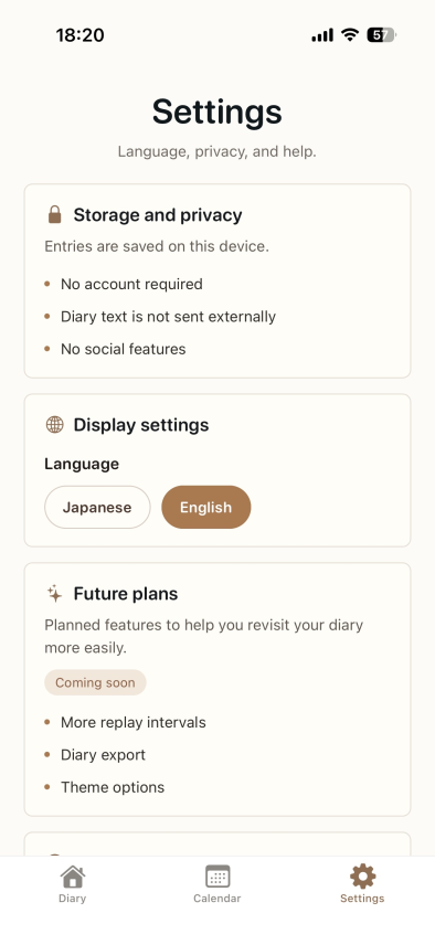 Replay Diary settings screen showing storage and privacy information